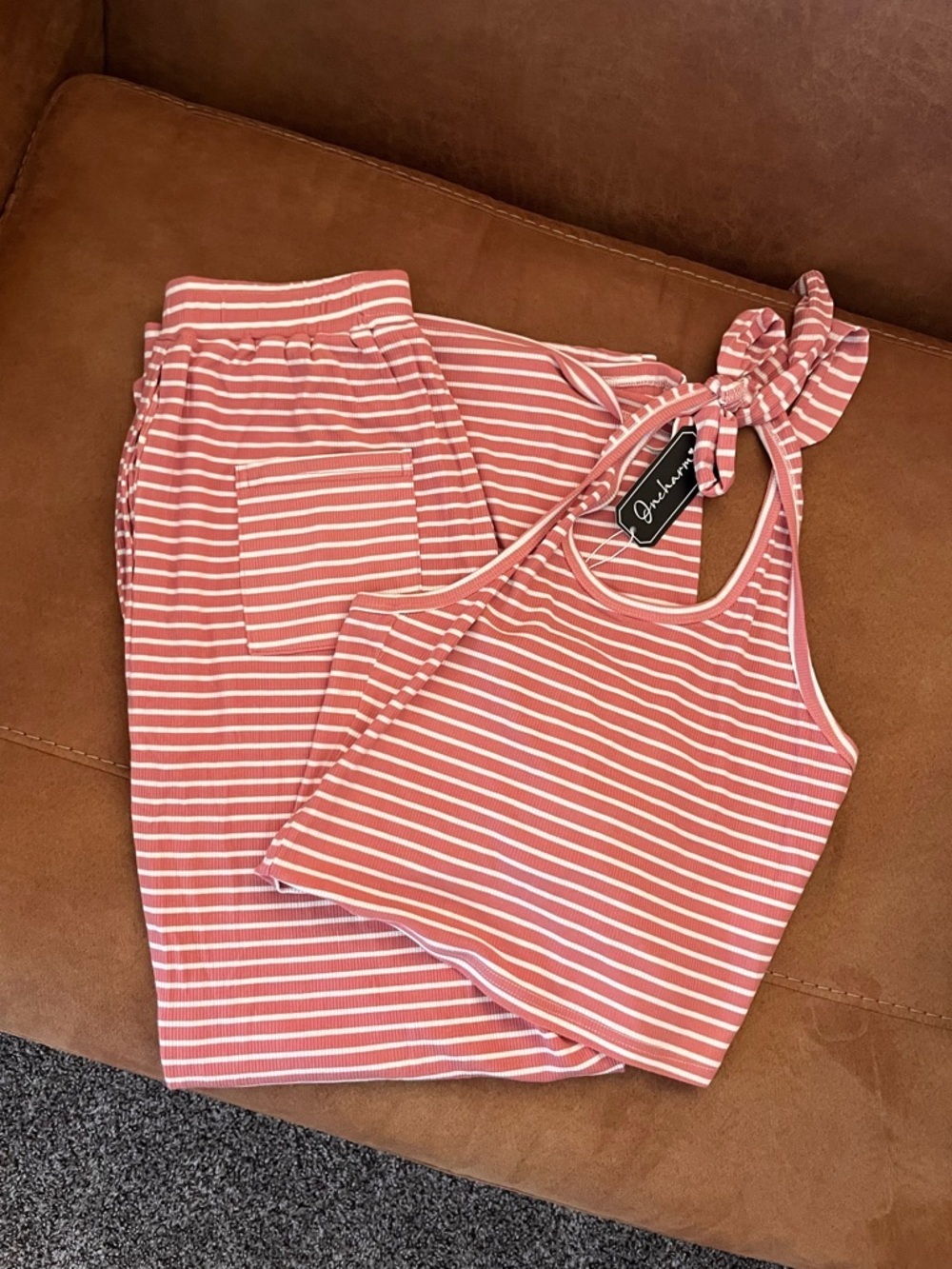 Boutique Womenspink and white striped ribbed halterneck top and lounge pants set - Picture 2 of 11